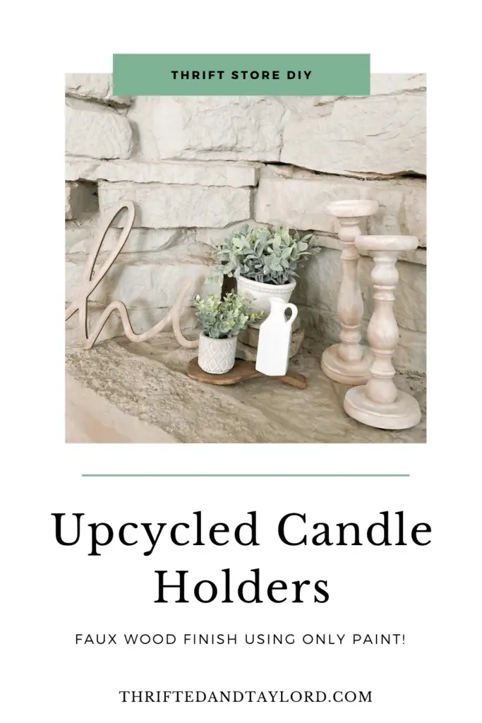 Want some modern farmhouse style, bleached wood candle holders without having to go through the whole sanding, stripping, and staining process? Find out how I turned these upcycled candle holders which were super dark stained, into these gorgeous faux bleached wood candle holders using only paint!