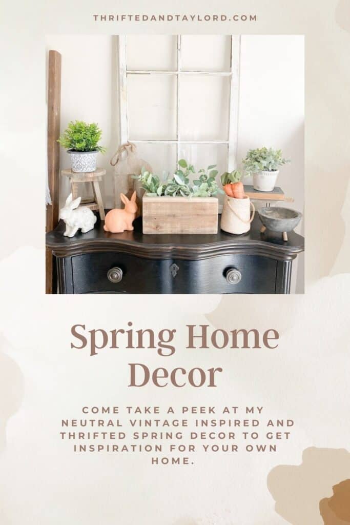 Take a peek at my spring home tour full of vintage and vintage inspired items, as well as thrifted home decor. This image shows a black entryway table with an antique window, various spring decor, some small potted plants, and some wood decor items.