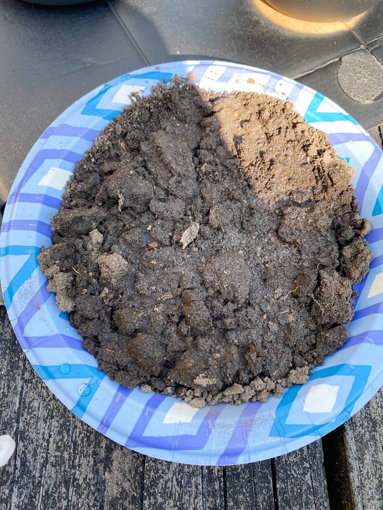 A plate of dirt mixed with a little water.