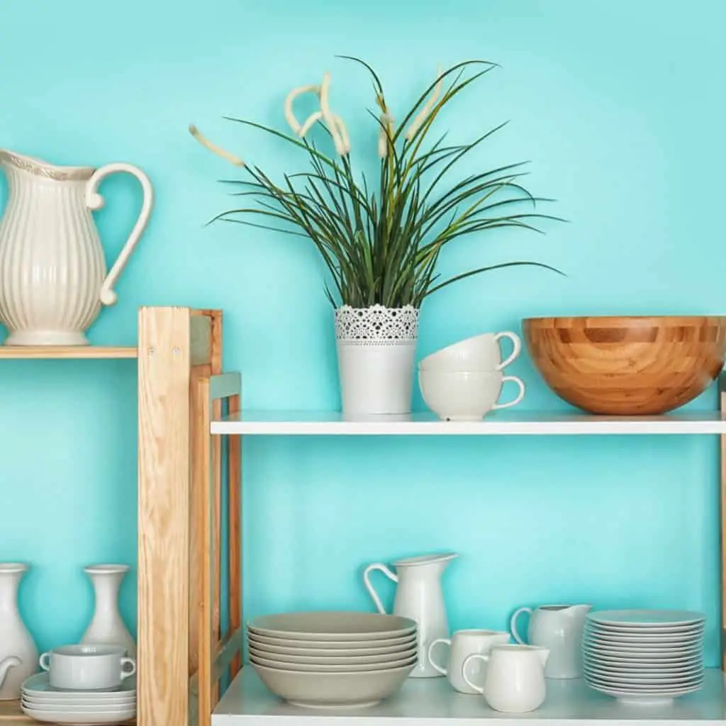Wooden shelves with a variety of white kitchen ware mixed with wood kitchen items and a plant in a white pot.