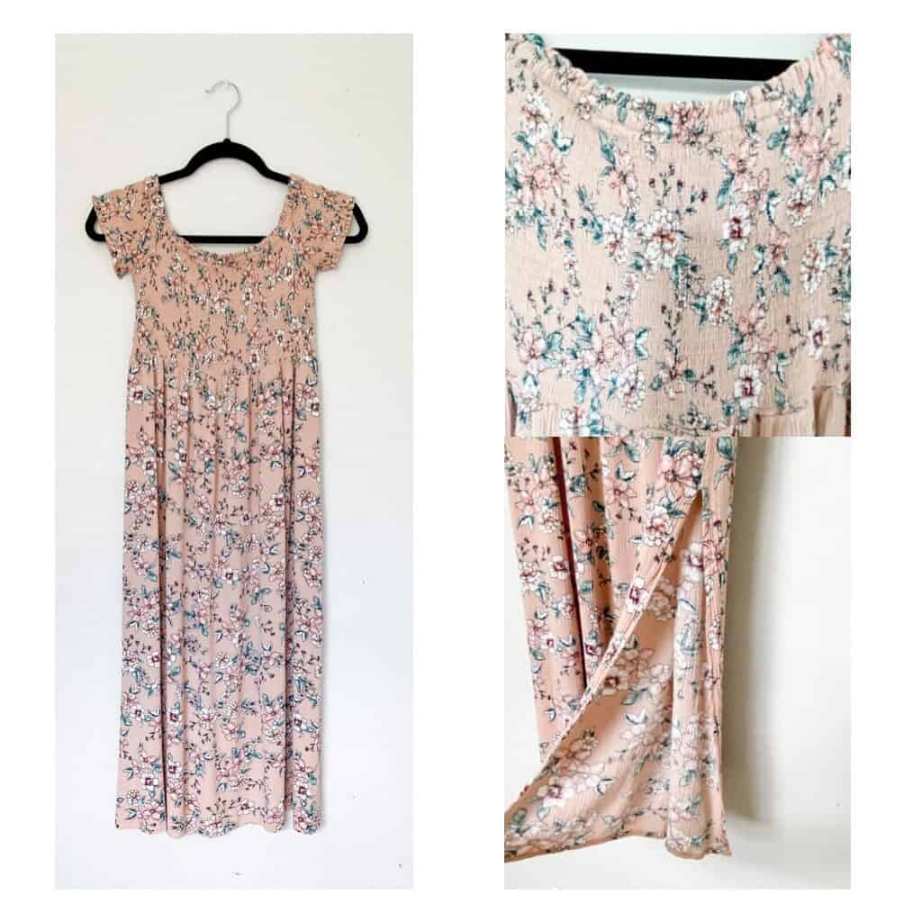 A light pink midi length dress with small flowers on it.