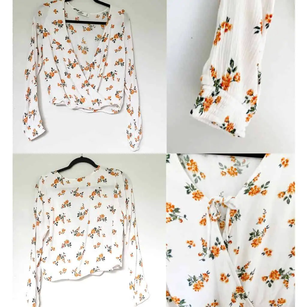 A white tie front long sleeve top with small orange flowers.
