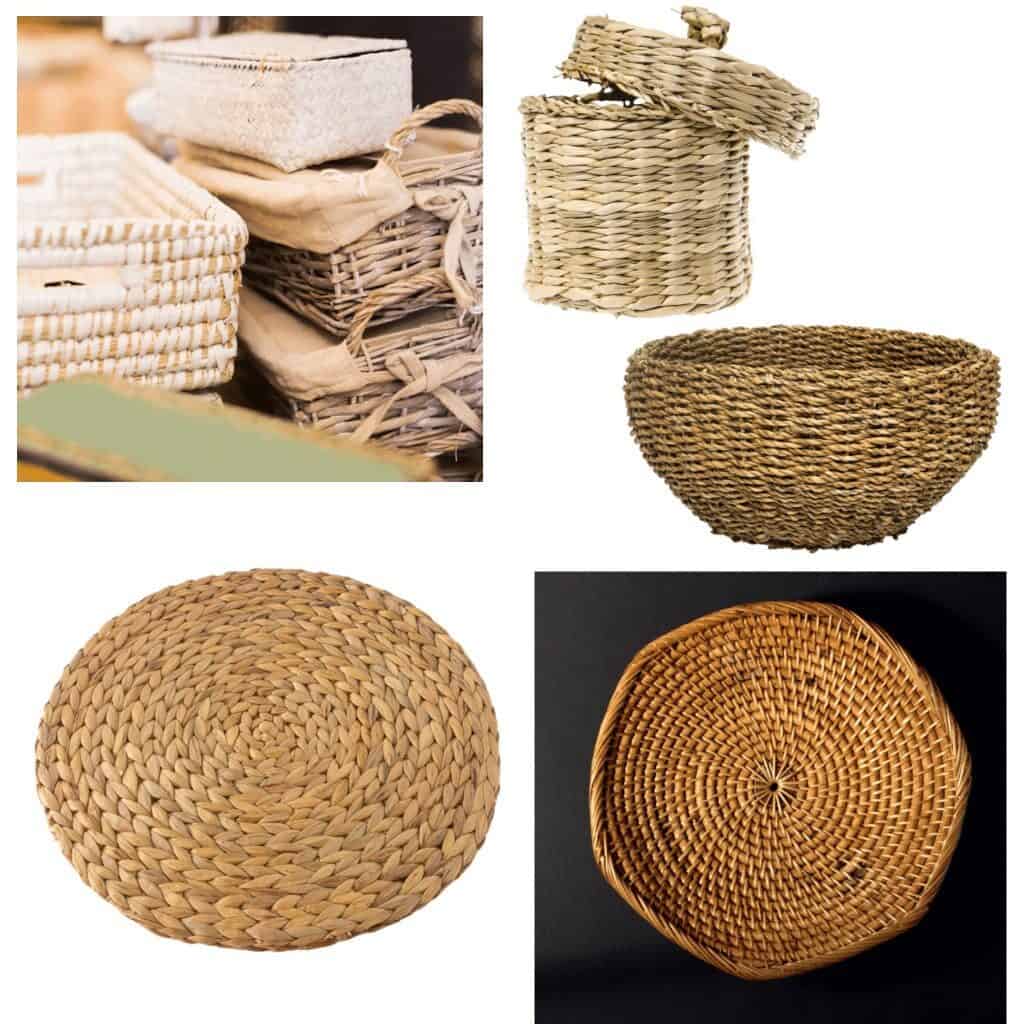 Add warmth and make your home cozy by decorating with wicker pieces such as this collection of different style wicker baskets, a wicker container with a lid, a wicker bowl, a wicker charger for place settings, or this wicker wall display.