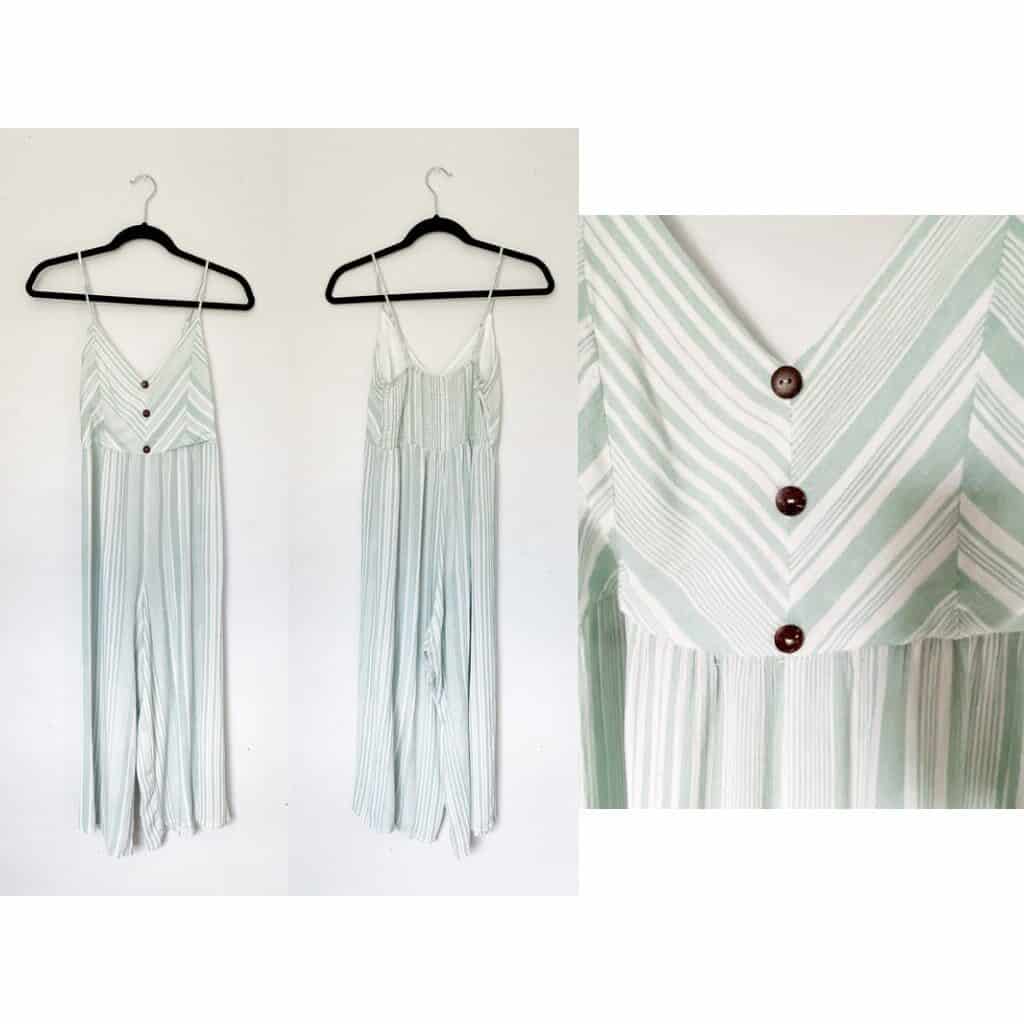 A white and light green striped jumpsuit with brown faux wood buttons.