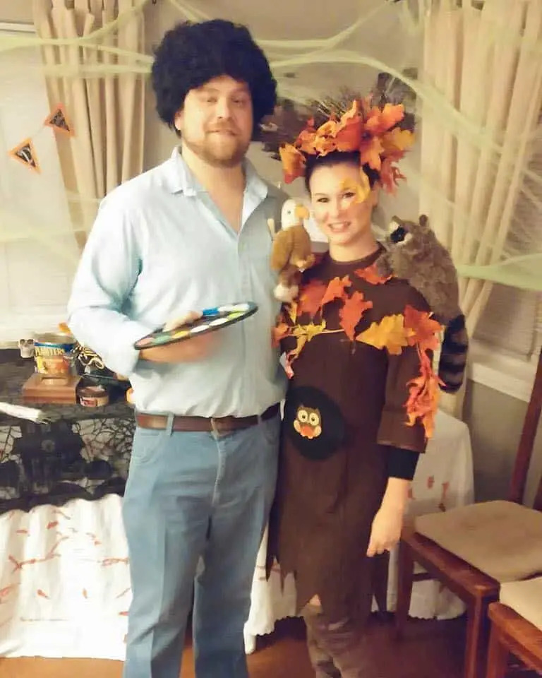 Bob Ross and his Happy little tree. A fun DIY Halloween Costume idea. Great for a couple costume.