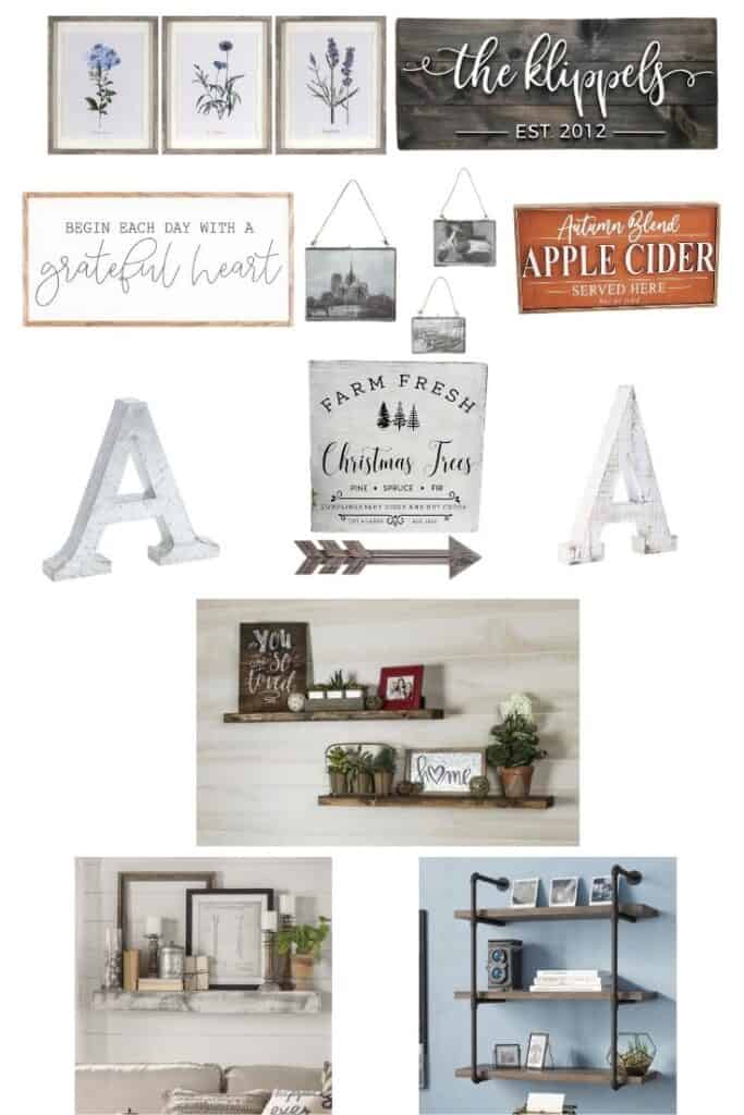 Images include a set of 3 botanical prints, a wood sign with the name of a family in 3-d cursive wood letters, a wood framed sign that says "gather here with grateful hearts," a set of 3 assorted sized metal framed floating artwork hanging frames, a wood apple cider sign with an orange background, a wood white letter A, a metal letter A, a wood Christmas tree farm sign, a wooden arrow, and 3 photos of assorted floating shelves with decor on them.