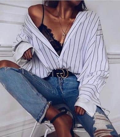 How to style a button down shirt. Wear it slightly unbuttoned with something sexy underneath peeking out like a lace bralette or bodysuit.