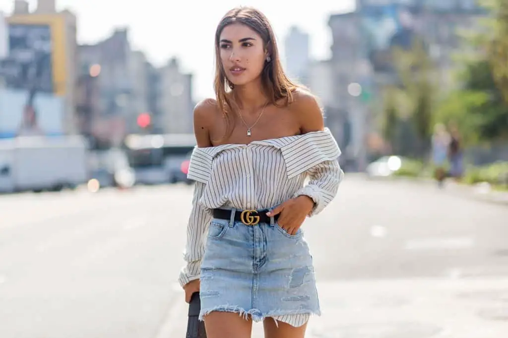How to style a button down shirt. Wear it slightly unbuttoned and off the shoulder.