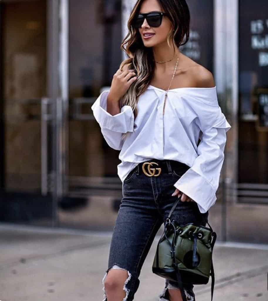 How to style a button down shirt. Wear it slightly unbuttoned and off the shoulder.