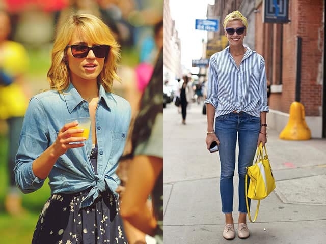 How to style a button down shirt. Wear it over a dress or with jeans and tie up the bottom of the shirt.