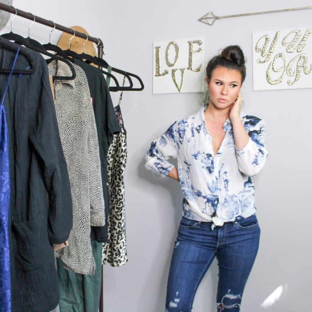 Thrift Store Finds | This blue and white floral button down top can be worn as a top or open as a layering piece. I love the idea of knotting it.