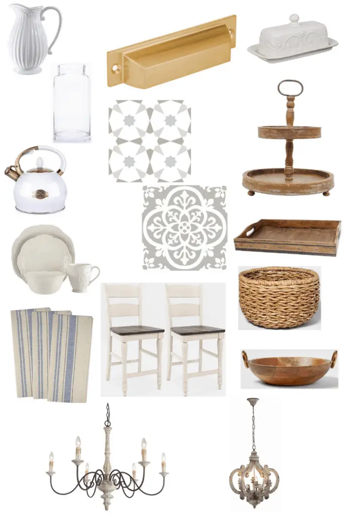 These accessories will help you get this traditional, French Country Fixer Upper kitchen. Wood and white porcelain decor pieces go great with neutral colors and a beautiful faux tile back splash.. See what else you can do to get this look in your kitchen.