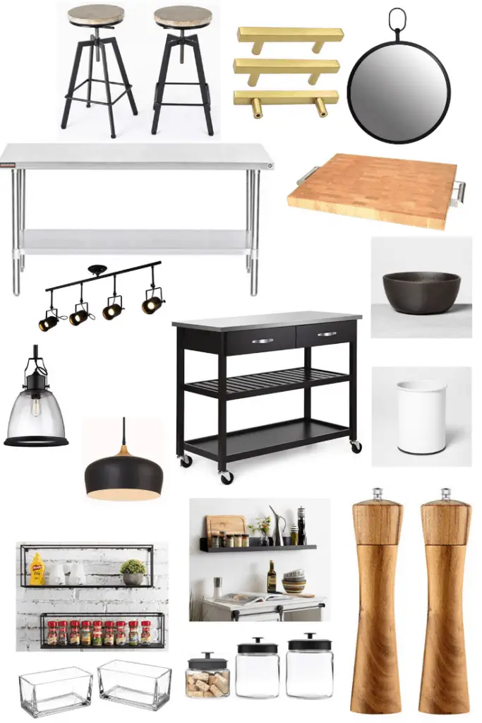 These accessories will help you get this modern industrial Fixer Upper kitchen. Metal and wood decor pieces go great with a black and white color scheme. See what else you can do to get this look in your kitchen.