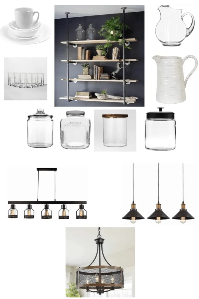 These accessories will help you get this rustic industrial Fixer Upper kitchen. Metal and wood decor pieces go great with a black and white color scheme. See what else you can do to get this look in your kitchen.