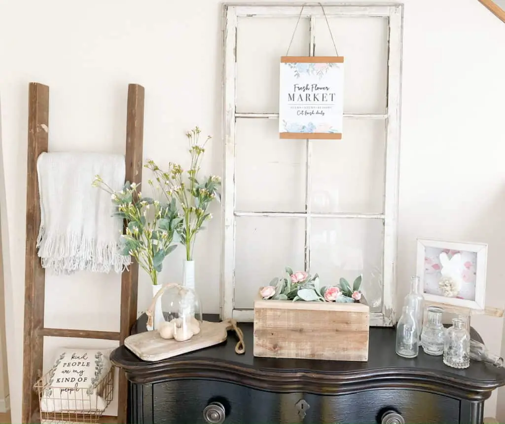 These spring thrift store DIY's are the perfect addition to my spring decor. Check out how easy they were to make plus download a free Flower Market printable you can use to make a sign like mine in under 5 minutes!