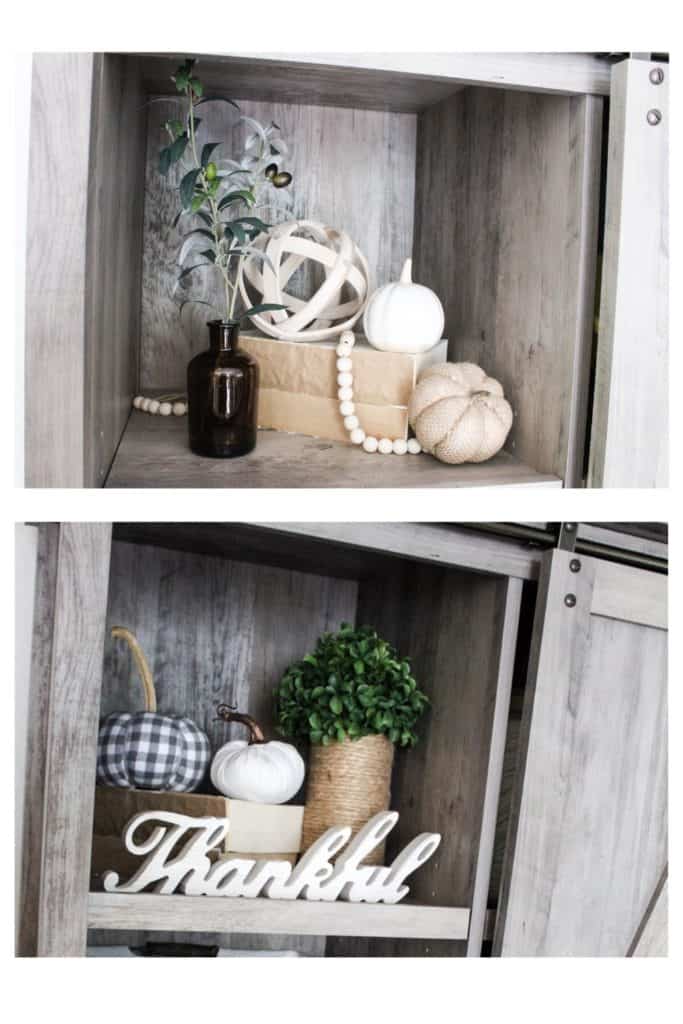 You might be surprised by how easy it can be to redecorate on a budget. Here you can see how I changed up my fall decor on our bookshelf. Find out a few simple ways to do this in your own home.!