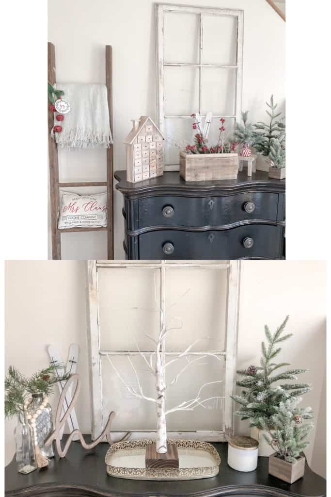 You might be surprised by how easy it can be to redecorate on a budget. Here you can see how I changed up my winter decor on this entryway table. Find out a few simple ways to do this in your own home!