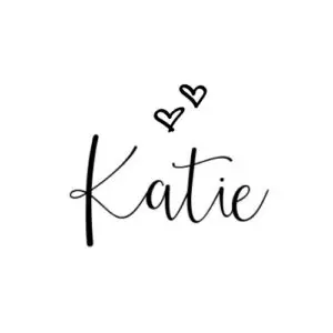 the name Katie written in a cursive font with 2 small hearts above it.