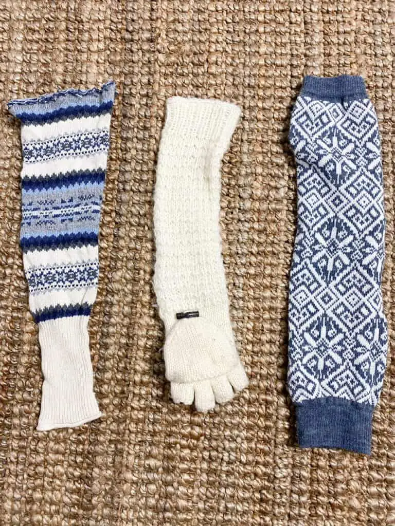 @ leg warmers that are cream and blue patterned and one cream knit glove which are what I used for the material for my DIY sweater pumpkin project.