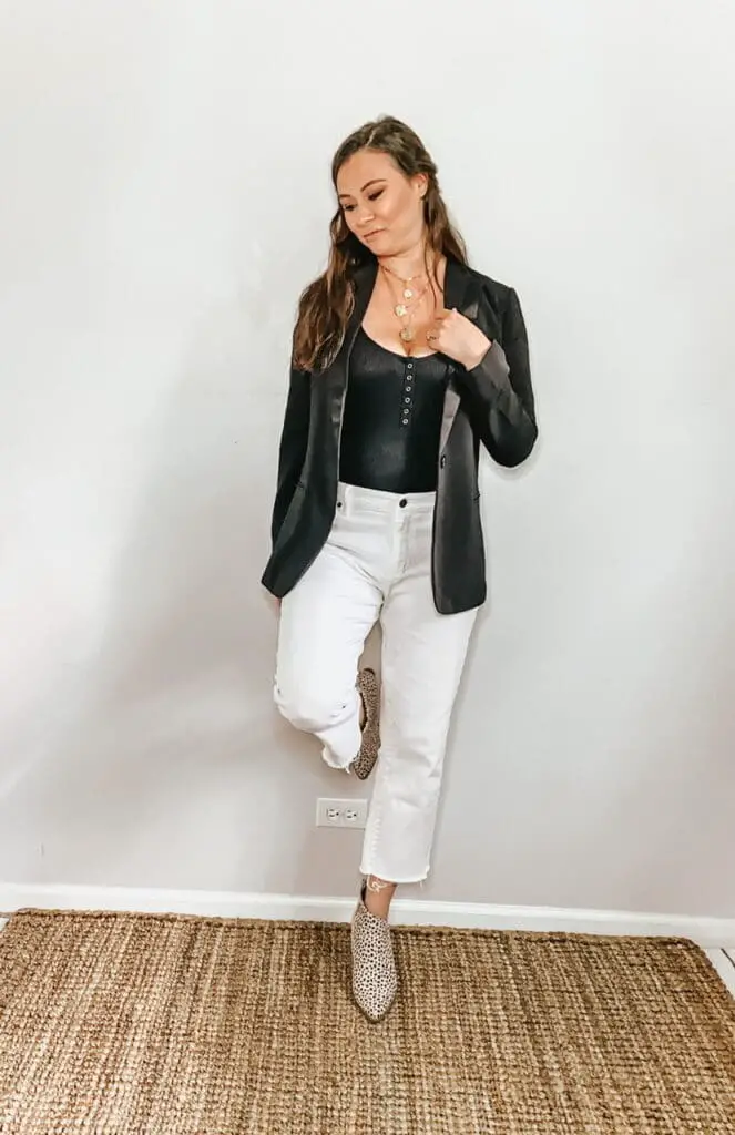 These thrifted fall basics are perfect for all your casual fall outfits. These white straight leg jeans with a cropped raw hem go perfectly with this black cotton bodysuit and black tuxedo blazer. The leopard print ankle boots are the perfect finishing touch.