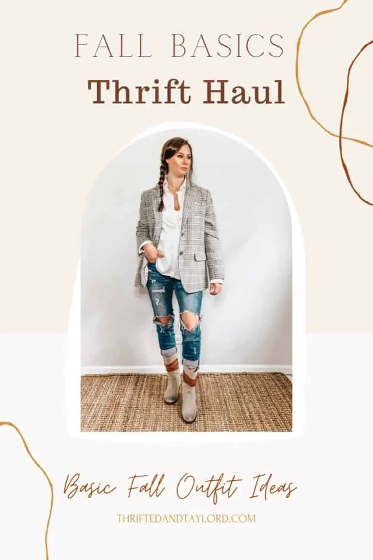 These thrifted fall basics make the cutest casual fall outfits. Photo shows a woman wearing a plaid blazer, white button down shirt, distressed jeans, and gray boots.