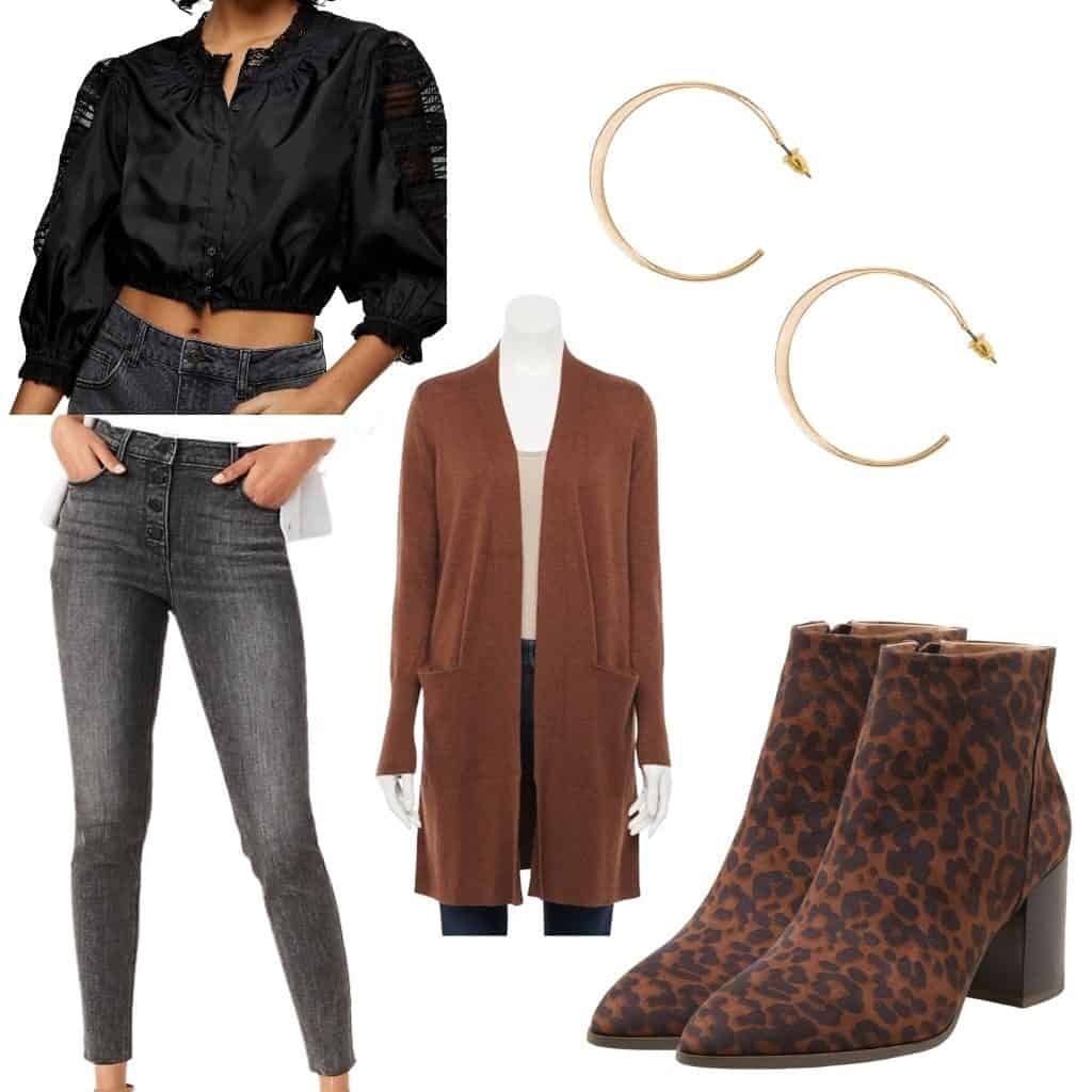 These casual Thanksgiving outfits will have you looking good and feeling comfortable. This outfit features A brown duster cardigan, a black feminine blouse, faded black jeans with a button fly, gold hoops, and leopard print boots.