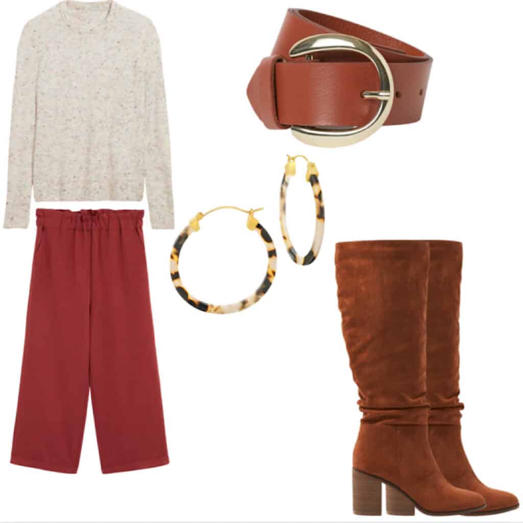 These casual Thanksgiving outfits will have you looking good and feeling comfortable. This outfit features A cream sweater with colorful speckles, burgundy cropped wide leg trousers, a brown belt, tortoiseshell hoops, and some brown slouchy calf height boots.