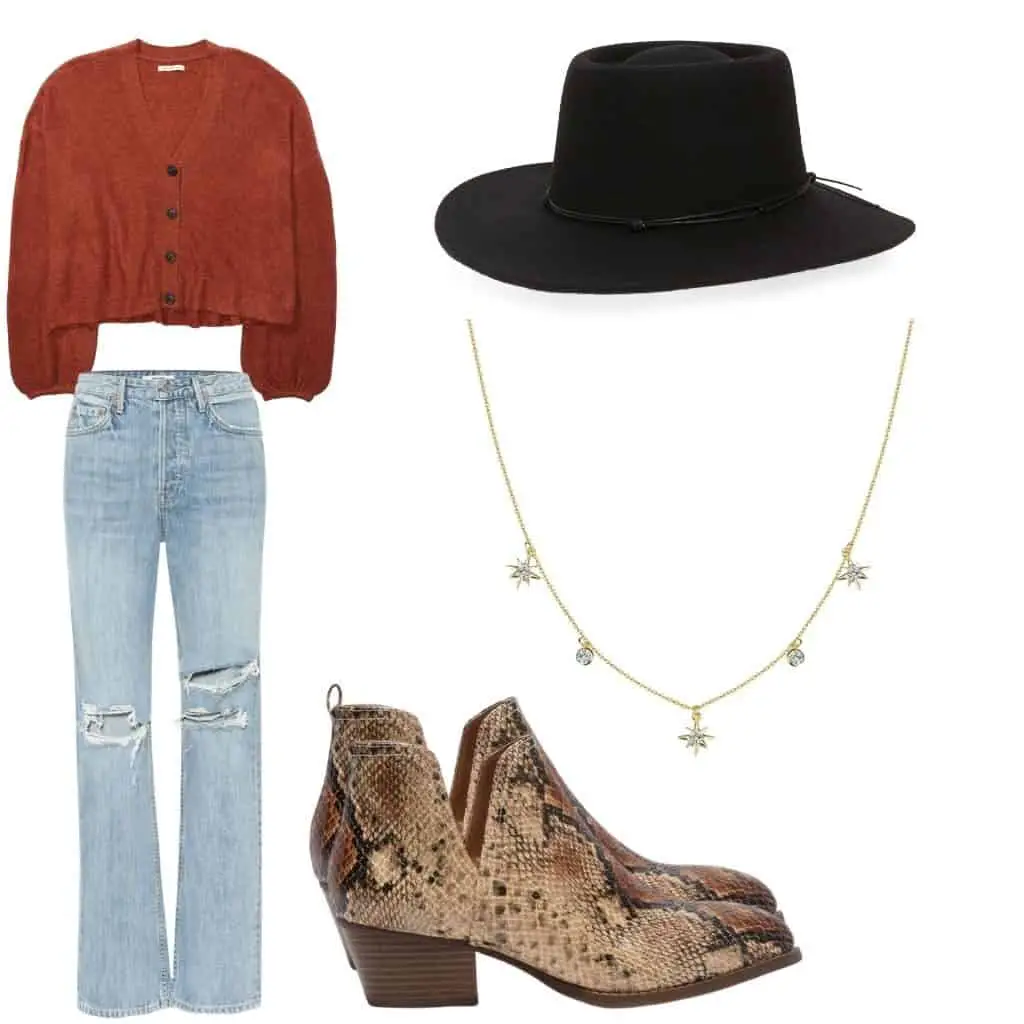 These casual Thanksgiving outfits will have you looking good and feeling comfortable. This outfit features A cropped orange cardigan with light wash, high rise, straight leg jeans. To accessorize there is a black felt wide brim hat, a gold start necklace, and some snakeskin boots.
