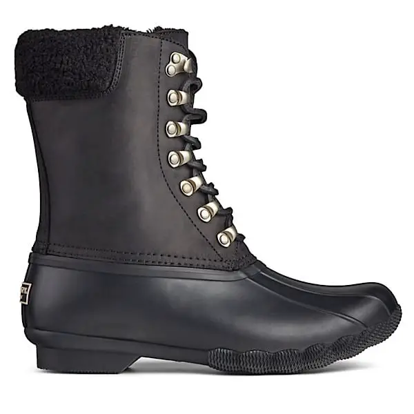 A black boot from Sperry. The tops is leather with some shearling and the bottom is rubber. A great cold weather gift.