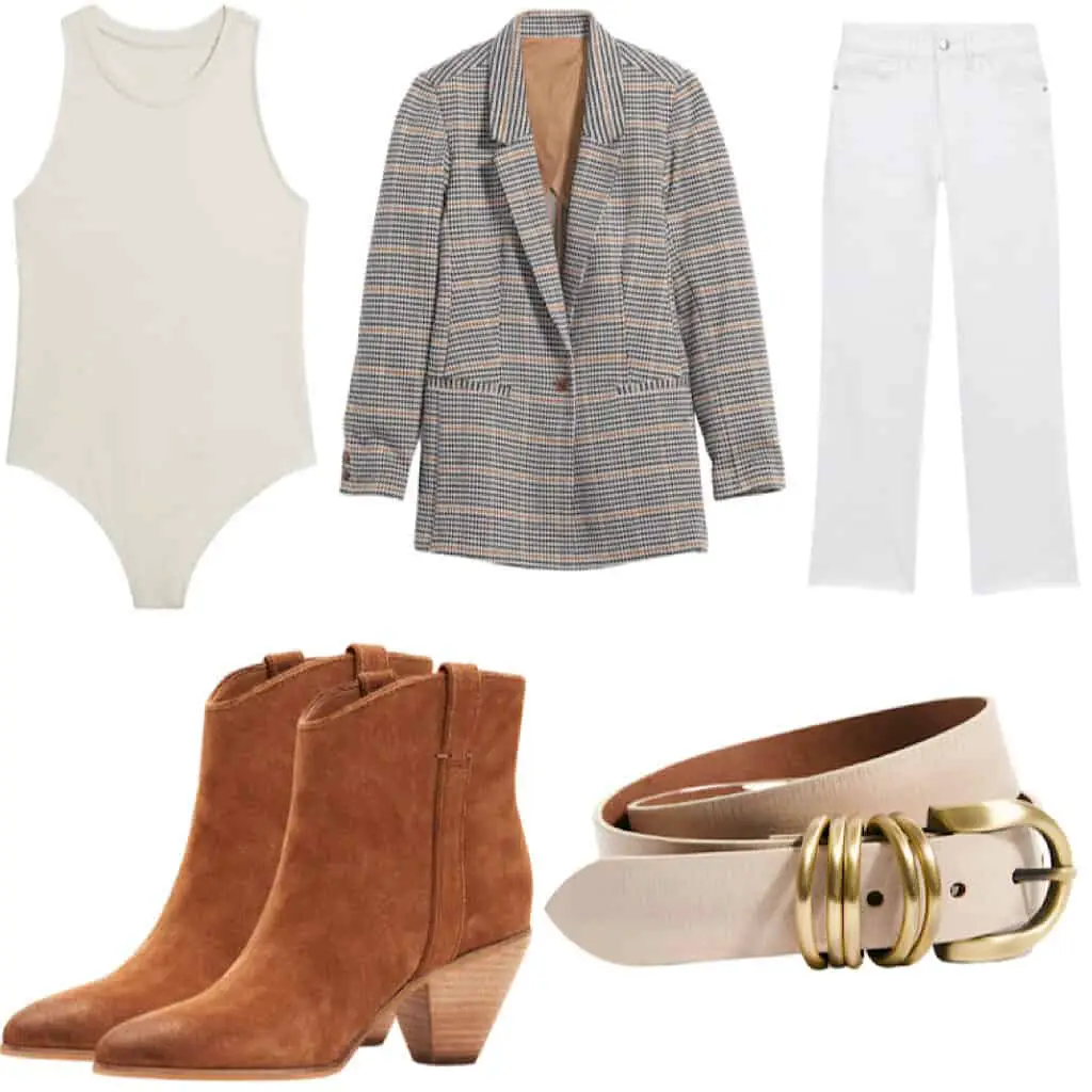 These casual Thanksgiving outfits will have you looking good and feeling comfortable. This outfit features A tonal outfit with a cream bodysuit and white high rise straight leg jeans with a plaid blazer, a cream belt with gold buckle, and some camel colored ankle boots.