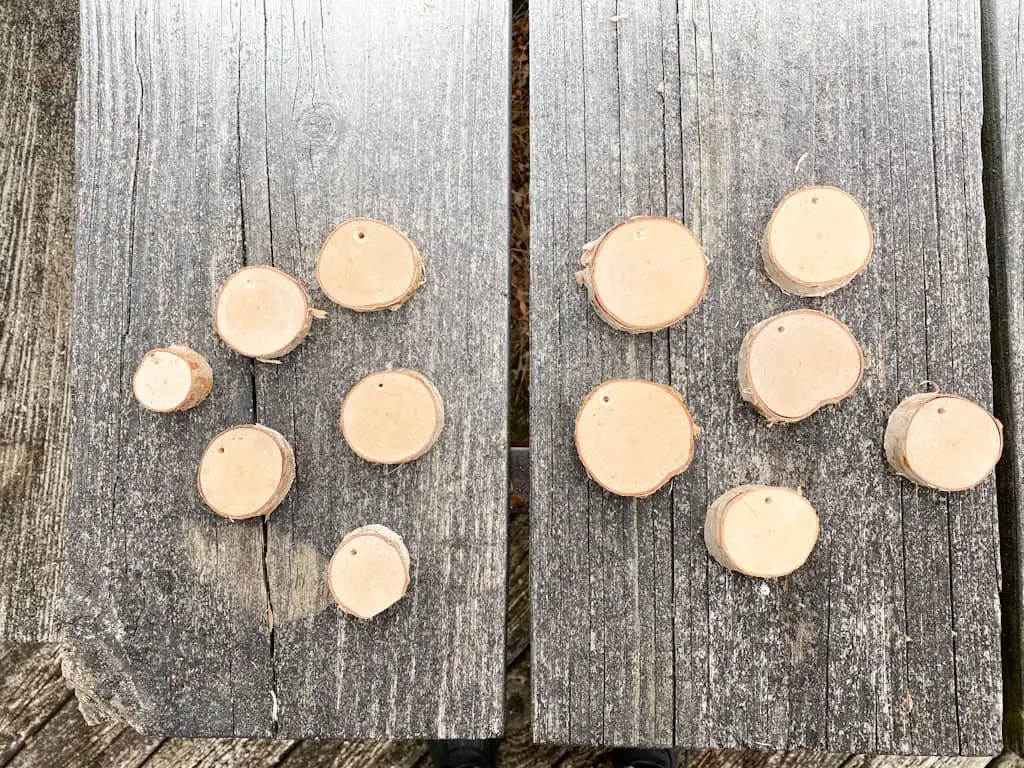 Slices of birch branches with holes drilled about 1?4 inch from the top.