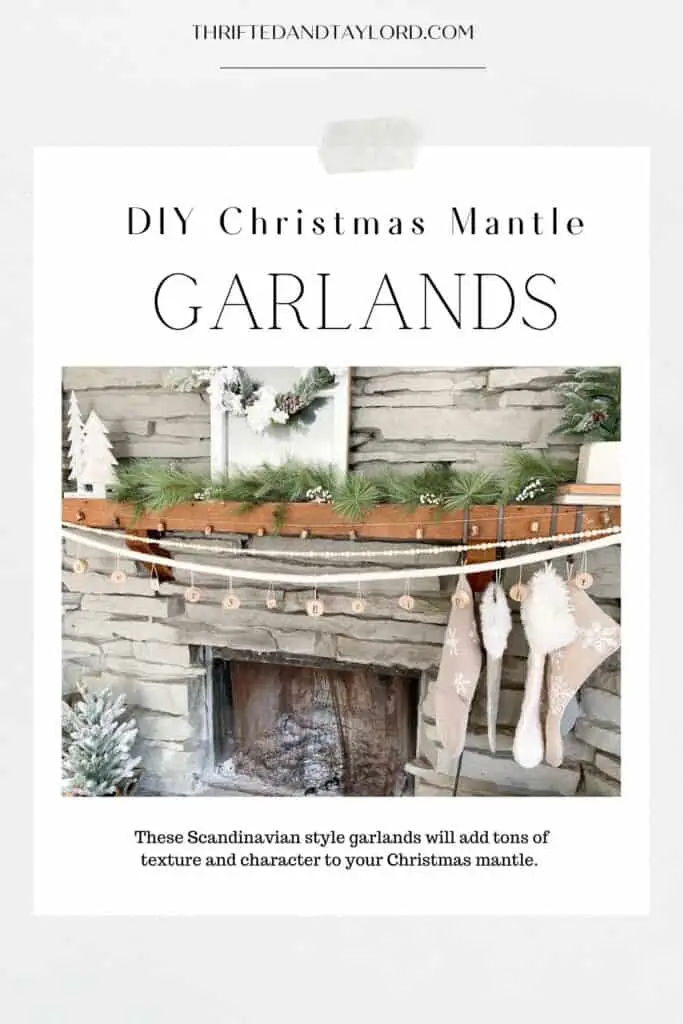 DIY Christmas Mantle Garlands. Image shws a fireplace decorated for Christmas with a garland, a mirror with a wreath, some faux pine trees, stockings, and 3 garlands. One if made from bells, one made from wood beads, and one made from pieces of wood with the words Merry & Bright on it.