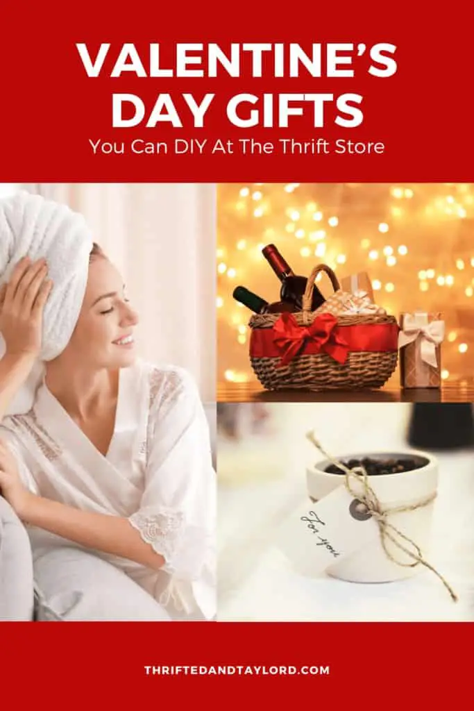 3 images. 1st is a woman in a white silk robe with a white towel on her head who is smiling and looking off to the right. The second is a gift basket filled with wine bottles and gifts. There is a red ribbon around the basket and there are twinkle lights in the background. The third photo is a small white pot filled with coffee beans with a little paper tag on some twine wrapped around it that reads "for you."
