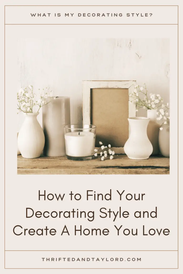 Find out the answer to your own "What is my decorating style?" question and learn how to create a home you love. Photo shoes an assortment os vases in netural colors, some have small flowers, there is a candle in a glass jar and a tall gray candle,, and a white distressed photo frame all on a wood shelf.