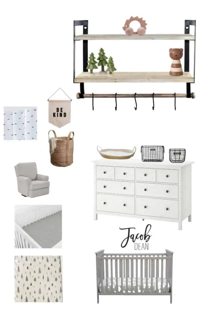 A collage of nursery items including black and white curtains, a woven laundry basket, a gray reclining glider chair, a sage green and white patterned crib sheet in a white crib, a cream and tree patterned crib sheet, a gray crib, the name "Jacob Dean" in black letters, a white dresser with a woven changing basket and 2 black wire baskets on it, a banner that says "be kind" and a 2-teir black metal and natural wood shelf with a wooden dowel hang bar and black s-shaped hooks hanging on it.