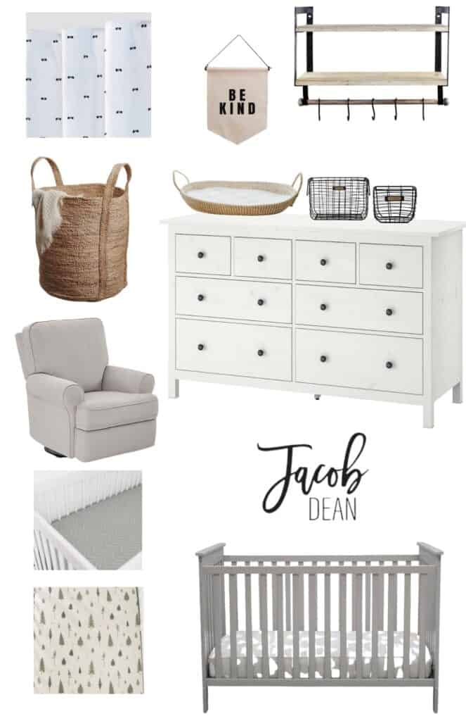 A collage of nursery items including black and white curtains, a woven laundry basket, a gray reclining glider chair, a sage green and white patterned crib sheet in a white crib, a cream and tree patterned crib sheet, a gray crib, the name "Jacob Dean" in black letters, a white dresser with a woven changing basket and 2 black wire baskets on it, a banner that says "be kind" and a 2-teir black metal and natural wood shelf with a wooden dowel hang bar and black s-shaped hooks hanging on it. On the shelf is a set of 3 mini wooden evergreen trees, a little toy wooden bear stacker, and a wood hedgehog toy on wheels.