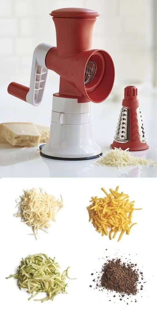 Another must have Tupperware product is the The Grate Master. This is the Grate Master set up and there is a pile of 2 different kinds of shredded cheeses, shredded cucumber, and ground chocolate.