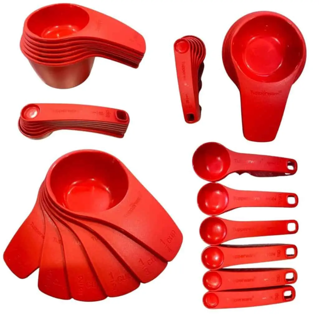 Tupperware Measuring Mates are another must have Tupperware product. They are a set of measuring cups and measuring spoons shown nesting in one another as well as separated to show their measurements of 1 cup, 3/4 cup, 2/3 cup, 1/2 cup, 1/3 cup, 1/4 cup and 1 tablespoon, 1/2 tablespoon, 1 teaspoon, 1/2 teaspoon, 1/2 teaspoon, 1/4 teaspoon, and 1/8 teaspoon.