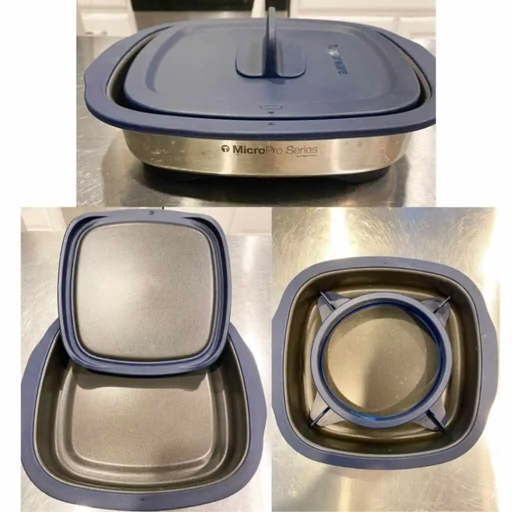 The Tupperware MicroPro Grill is one of the 6 must have Tupperware products. This shows the product with its lid on, open to reveal the inside which is covered in a non stick coating, and it shows the Pro Ring which you can purchase separately, shown inside the MicroPro Grill. It is a silicone ring form that goes inside the grill and you can use it to bake.