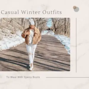 A woman posing outdoors on a street surrounded by trees wearing a casual winter outfit with Sperry boots.. She is wearing a tan quilted jacket, a cream sweater, white distressed skinny jeans, cream and tan Sperry boots that are rubber, suede, and faux fur, and a sage green beanie.