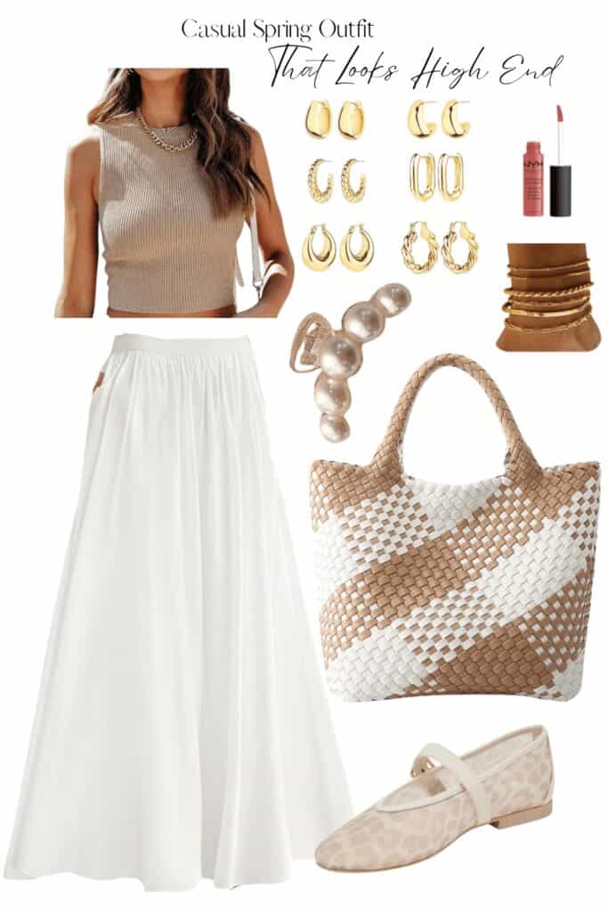 A spring outfit that consists on a tan sweater tank top, a white midi legnth flowy skirt, an assortment of 6 pairs of gold hoop earrings, a set of 6 different dainty gold bracelets, a pearl hair clip, a warm tone pink liquid lipstick from NYX, a tan and white buffalo check pattern woven leather tote bag, and some lght pink neutral leopard print mesh ballet flats with a strap.