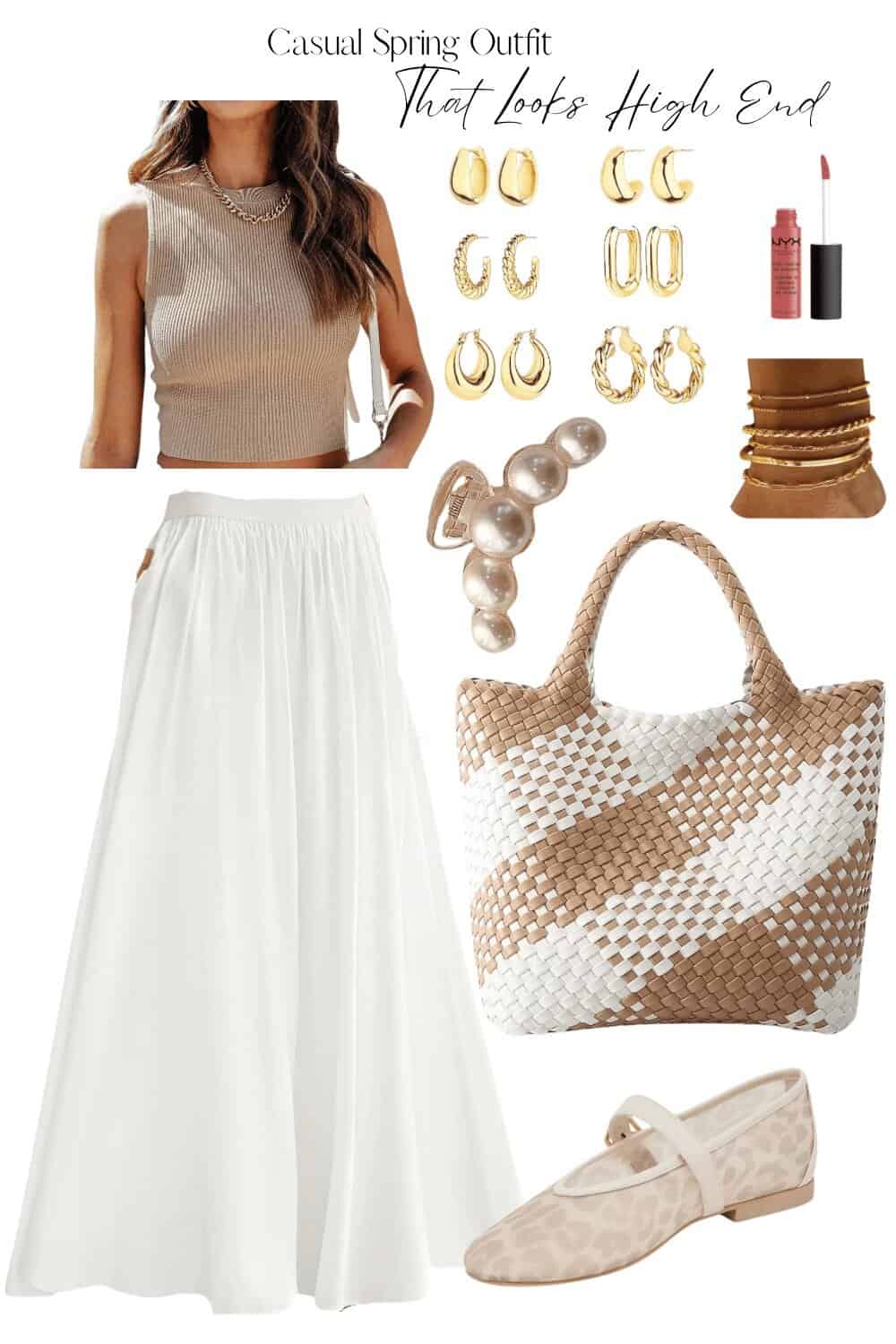 A spring outfit that consists on a tan sweater tank top, a white midi legnth flowy skirt, an assortment of 6 pairs of gold hoop earrings, a set of 6 different dainty gold bracelets, a pearl hair clip, a warm tone pink liquid lipstick from NYX, a tan and white buffalo check pattern woven leather tote bag, and some lght pink neutral leopard print mesh ballet flats with a strap.