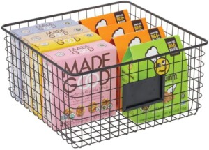 Wire food storage bins with label slot for pantry organization.