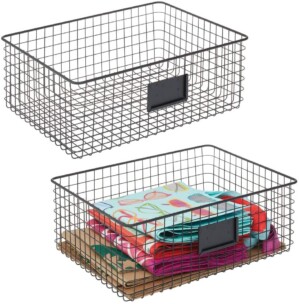 Wire food storage bins with label slot for pantry organization.