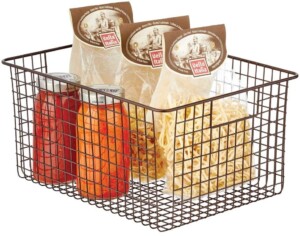 Large metal food storage baskets with handles for pantry organization