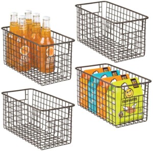 Metal food storage baskets with handles for pantry organization
