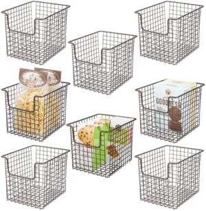 Metal food storage baskets that stack for pantry organization
