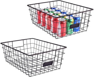 Wire food storage bins with label slot for DIY pantry organization.