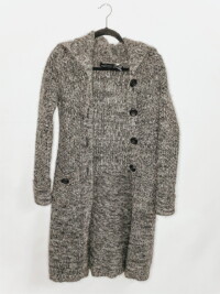 A dark gray and white marled duster cardigan with big black buttons is one of those staple thrifted fall basics.