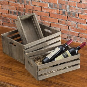 3 barnwood gray wood crates, perfect for pantry organization.